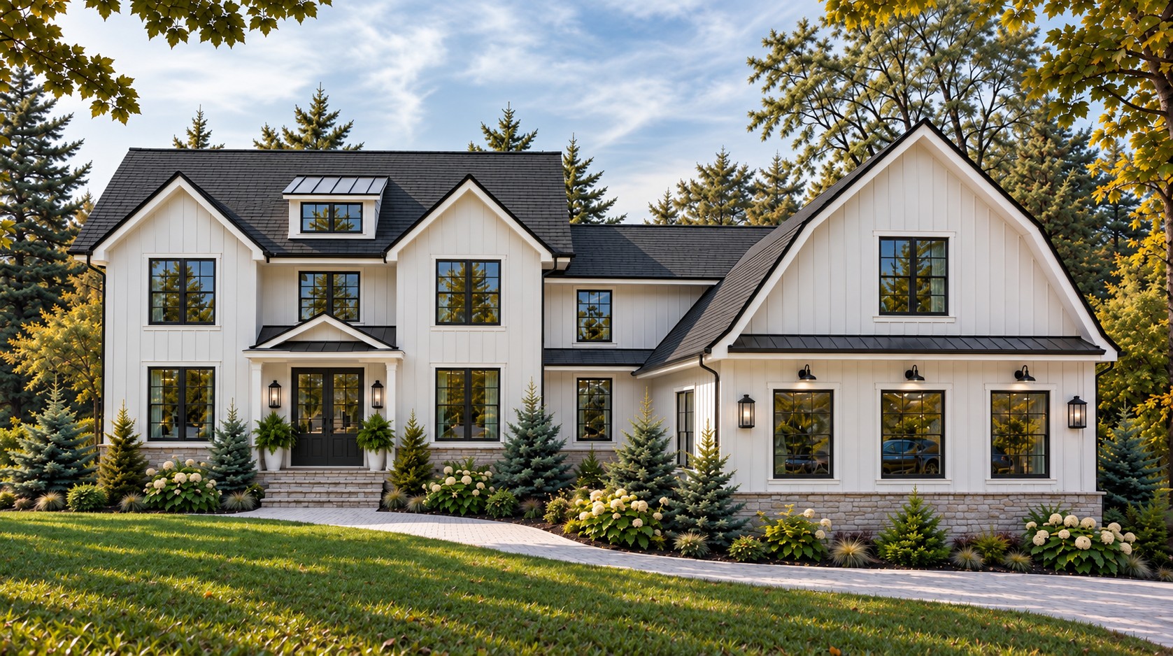Artist's rendering of the proposed residence in the white board-and-batten exterior scheme
