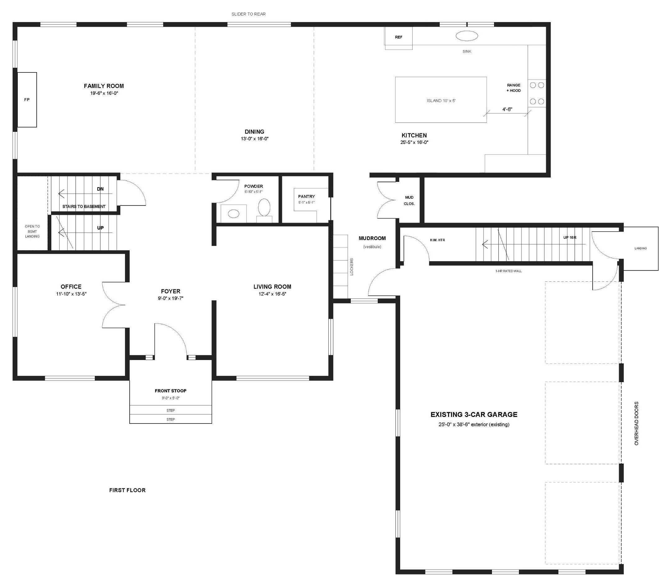 Preliminary proposed first floor plan of 5 O'Grady Court, with the existing three-car garage